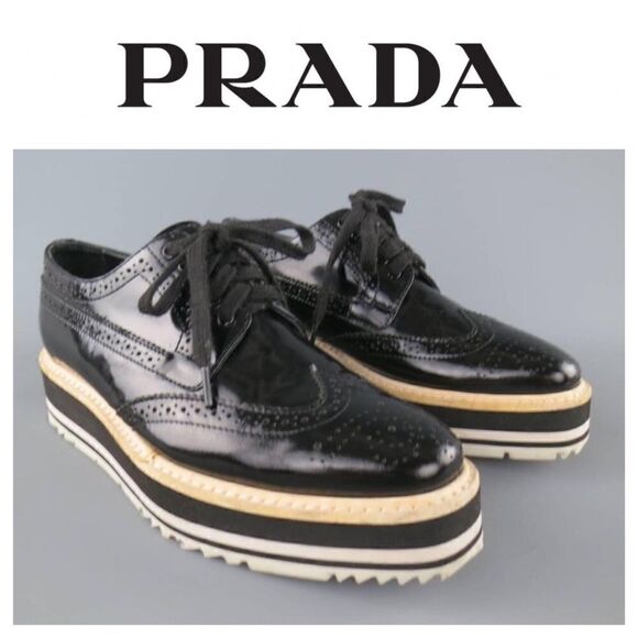 Prada Black Brogue Leather Wingtip Platform Oxford Shoes - Picture 1 of 14